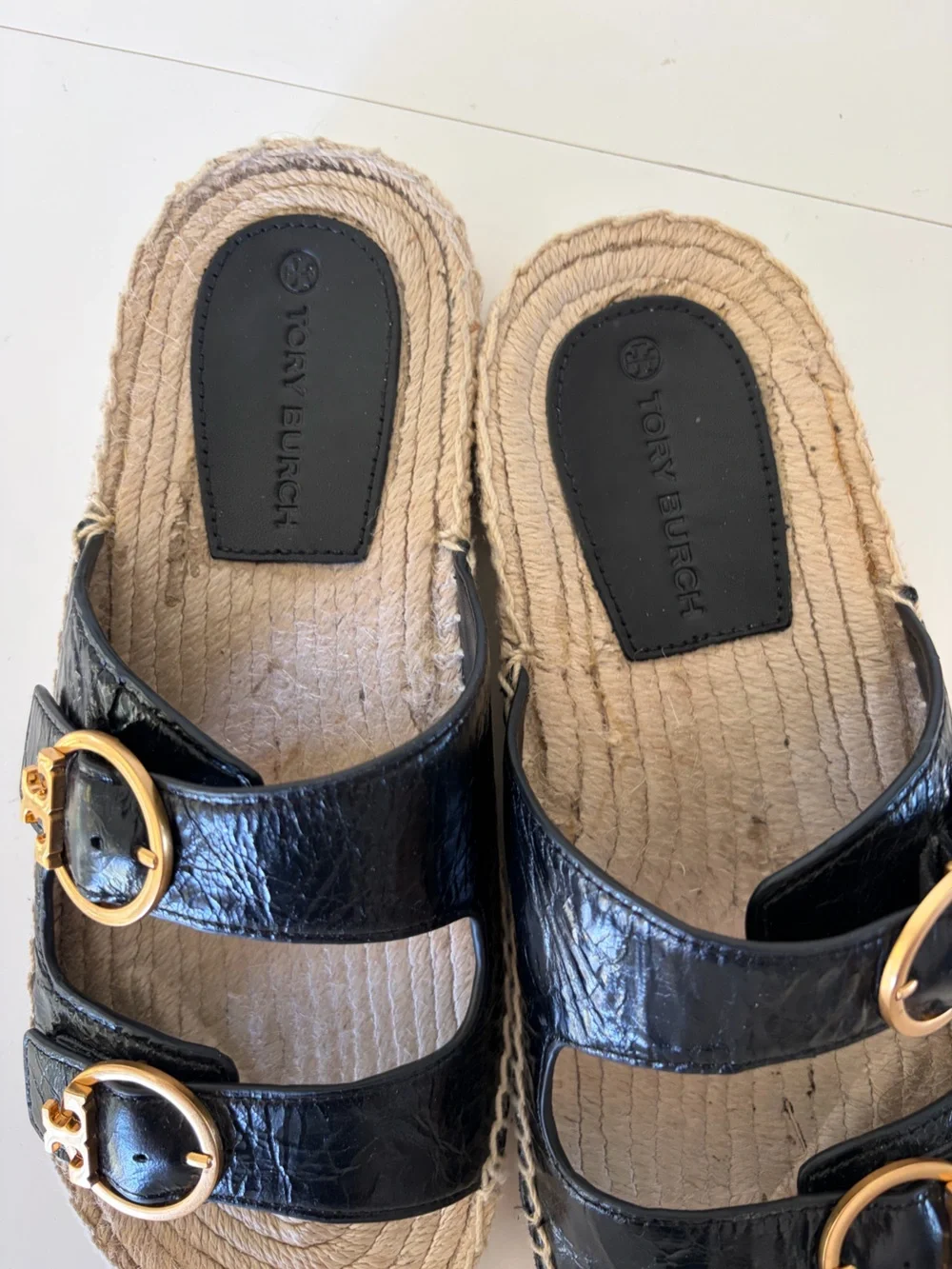 Tory Burch Selby Black Patent Leather & Jute Double Buckle Slide Sandals Size 8‎
